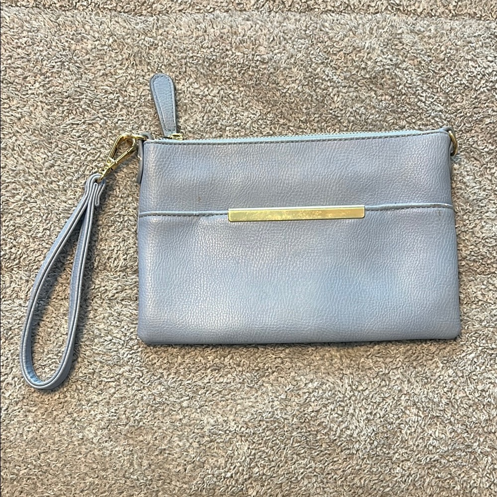 Metallic Blue Clutch with Gold Accent and Wrist Strap